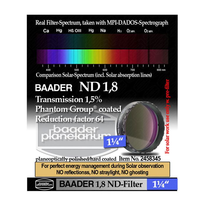 Baader Neutral Density Filter ND-1.8 1.5% Transmission - 1.25 Baader Neutral Density Filter ND-1.8 1.5% Transmission - 1.25
