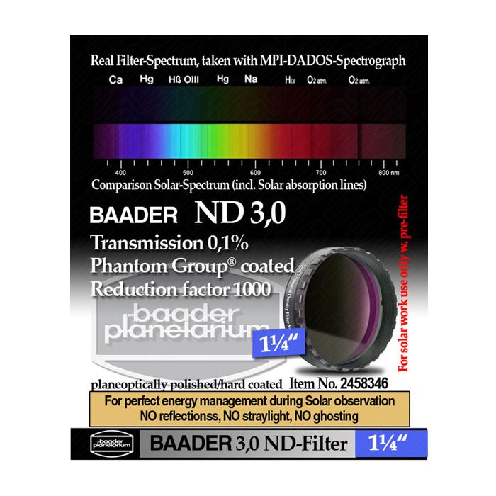 Baader Neutral Density Filter ND-3.0 0.1% Transmission - 1.25 Baader Neutral Density Filter ND-3.0 0.1% Transmission - 1.25