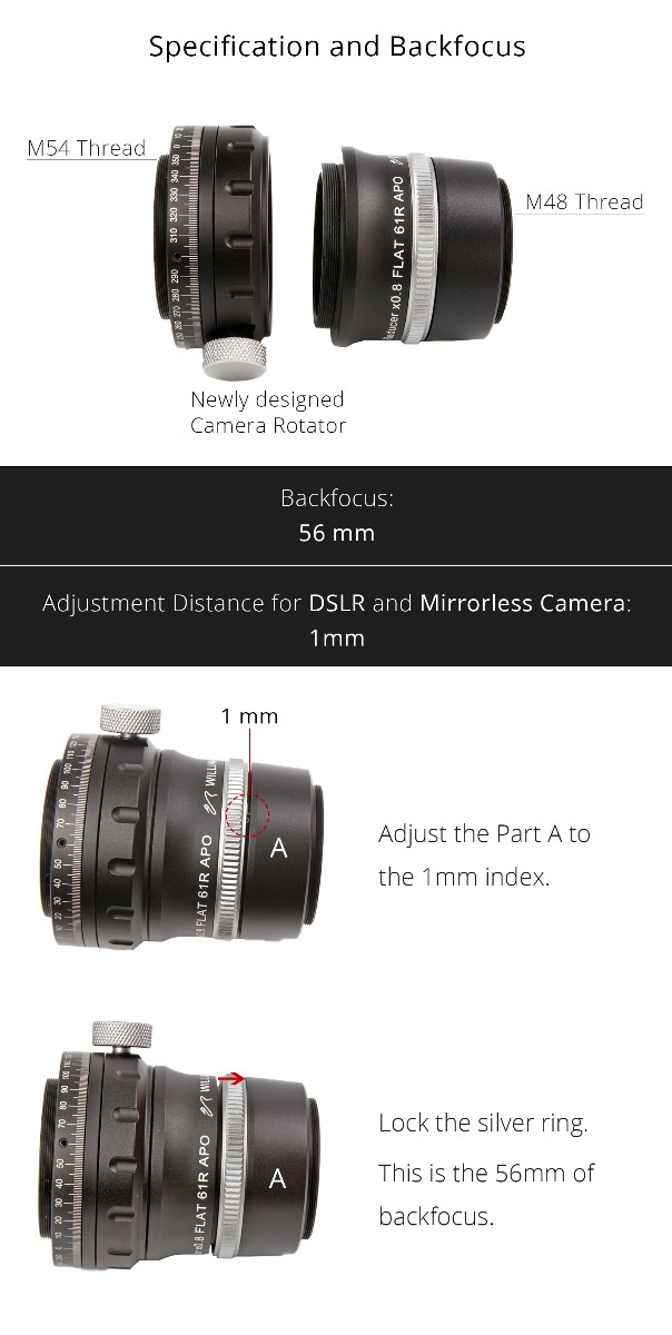 William Optics Adjustable 0.8x Reducer / Field Flattener 61R for