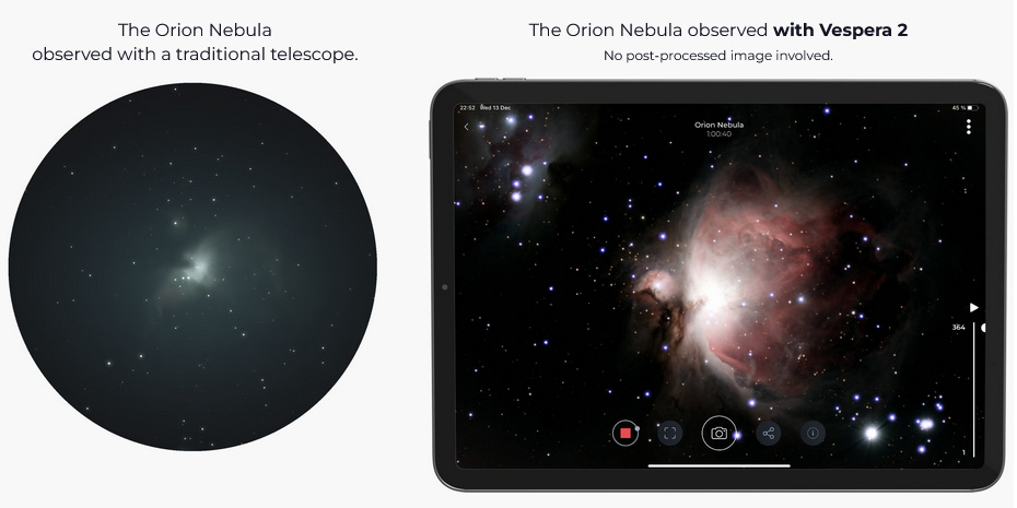 Orion Nebula observed with traditional telescope vs Vespera II