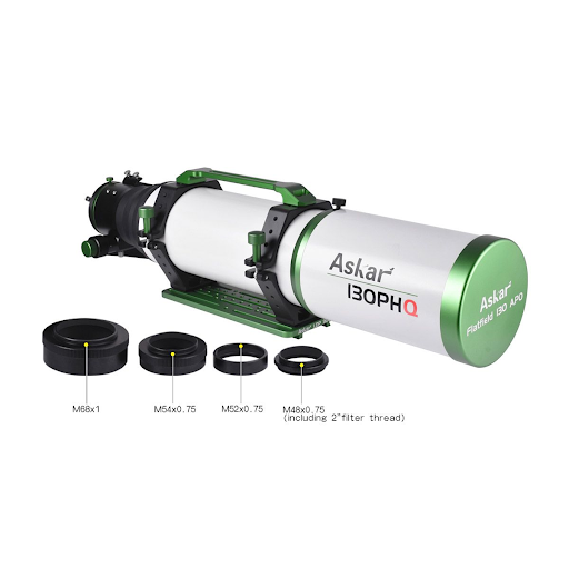 Askar 130PHQ Flatfield APO telescope showcased alongside its included photographic adapters, featuring M68x1, M54x0.75, M52x0.75, and M48x0.75 threads.