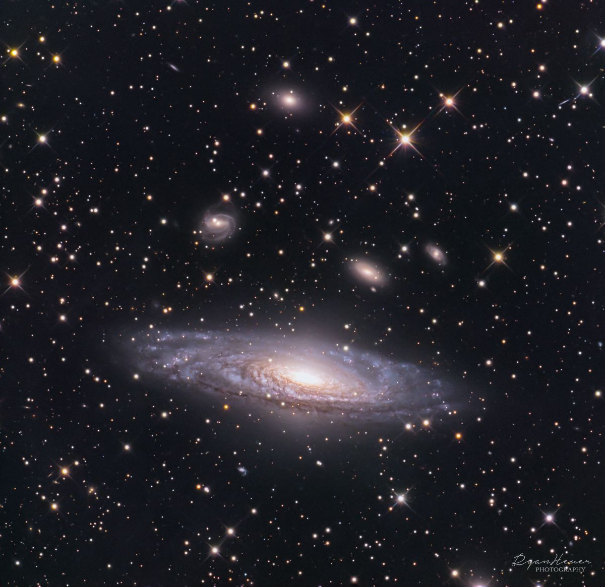 NGC 7331 a large galaxy surrounded by many other smaller galaxies
