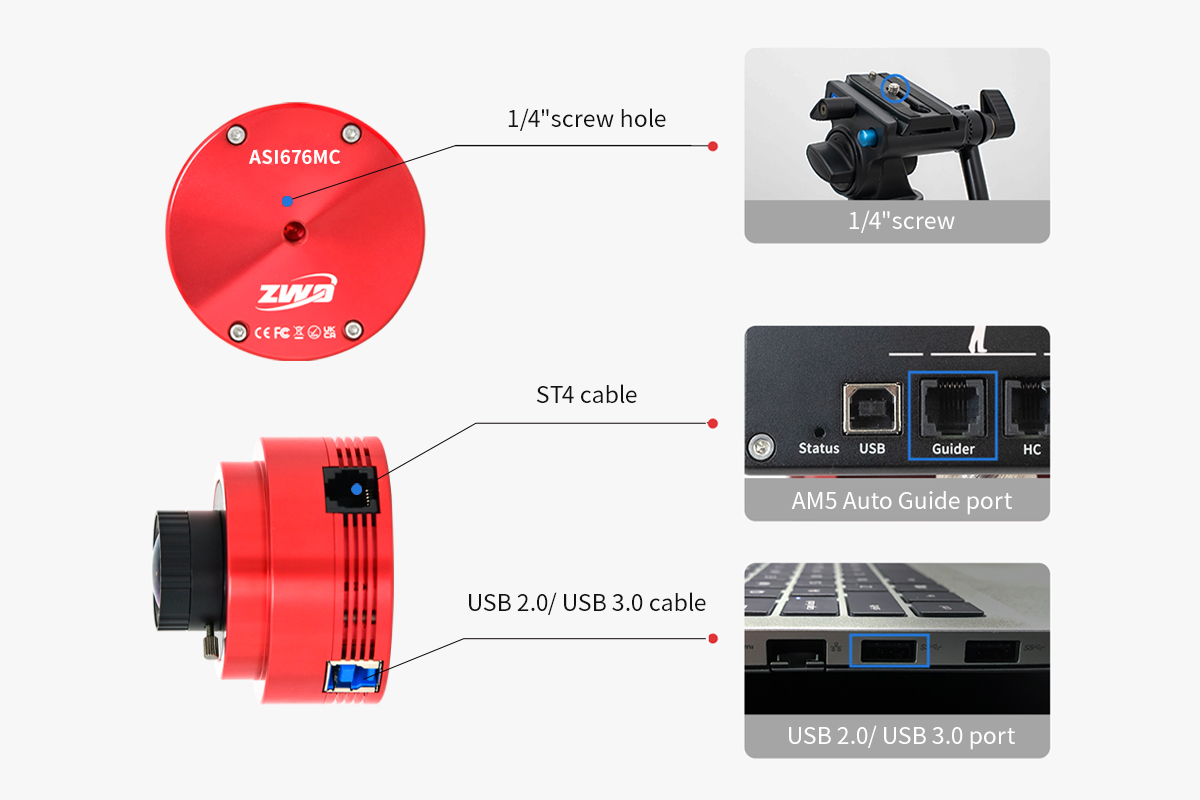 ZWO ASI676MM CMOS camera tripod connection diagram