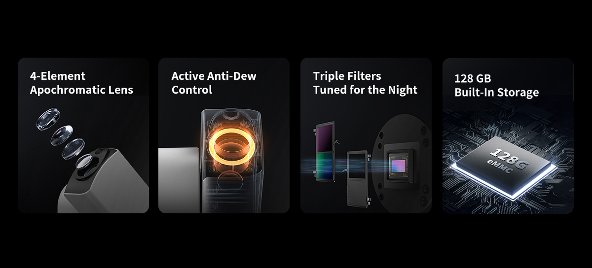 ZWO Seestar S30 Pro Smart Telescope lens, anti-dew, built-in filters, and 128 GB storage design 