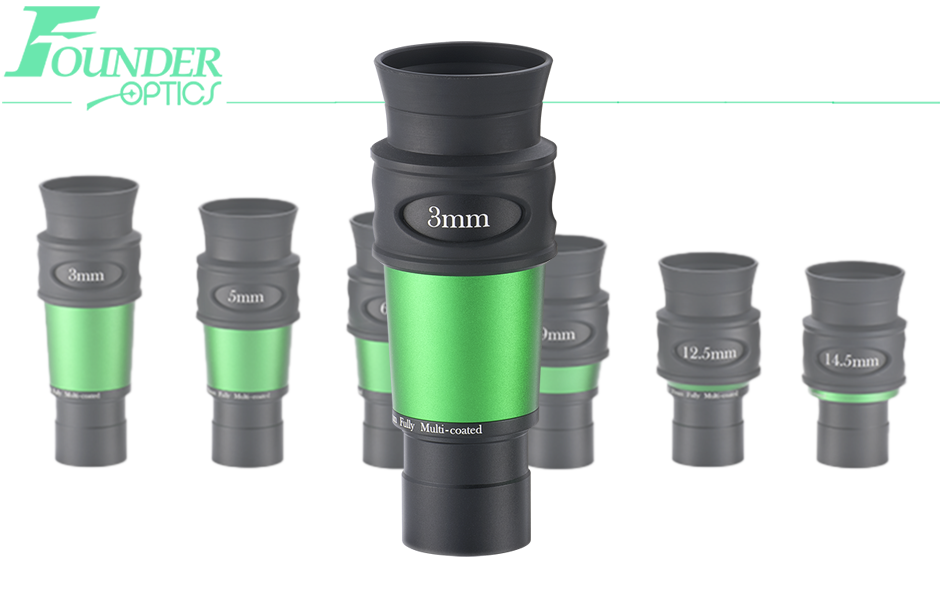 Founder Optics 1.25" 3mm ALIEN Eyepiece with logo and eyepiece series in the background