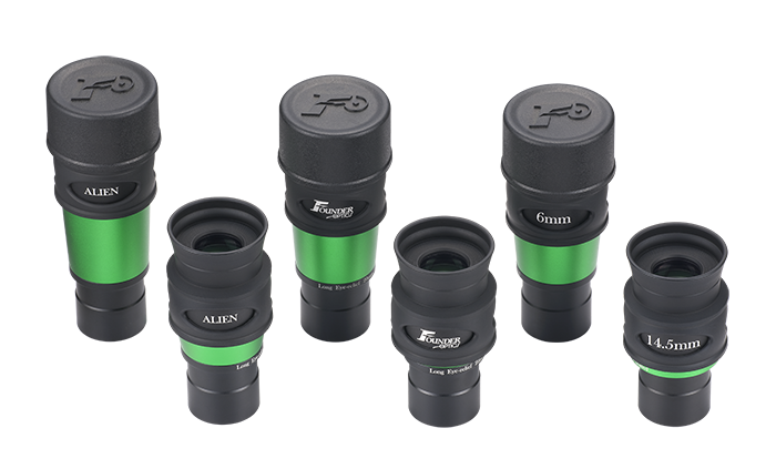 Founder Optics 1.25" 3mm ALIEN Eyepiece in a single frame with the entire series