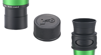 Founder Optics 1.25" 3mm ALIEN Eyepiece barrel, eye guard, and eyepiece cap in a collage