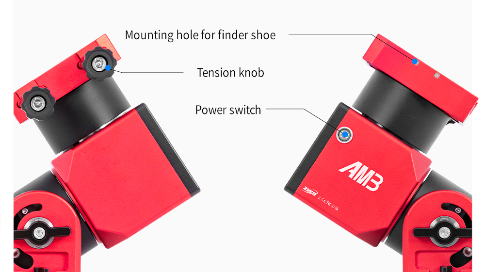 The AM3 and its features, including its power button and mounting plate.