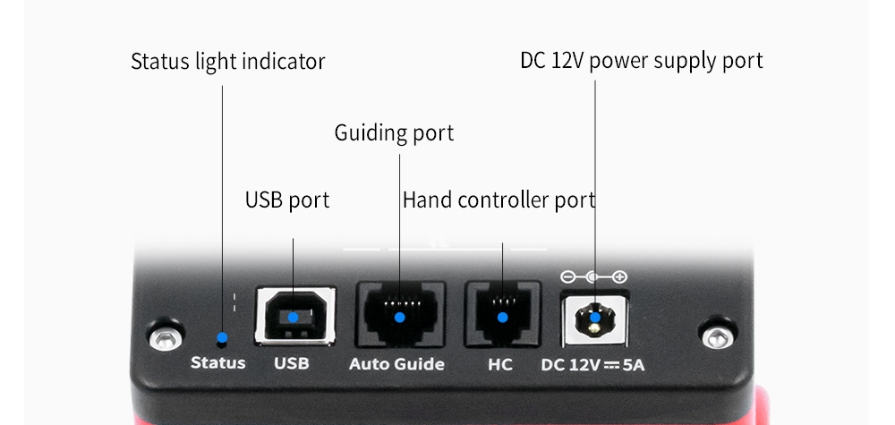 ZWO AM3 Power, USB and guiding ports.
