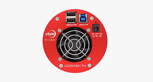  Back side of the ZWO ASI2600MC-Pro, showing the USB 3.0 port, the two USB 2.0 ports, and the 12v power connection.