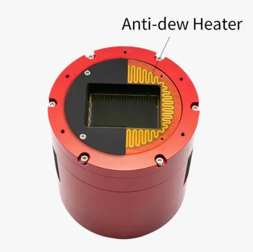 Top view of the ZWO ASI2600MM Pro monochrome astrophotography camera showing the built-in anti-dew heater surrounding the sensor window, with a label pointing to the heater element.