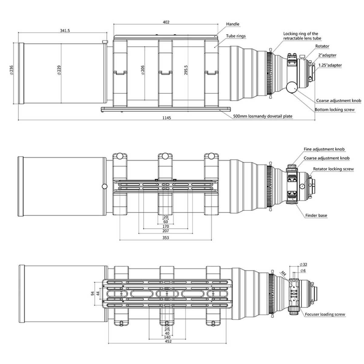 Askar 203 APO dimensional drawing.