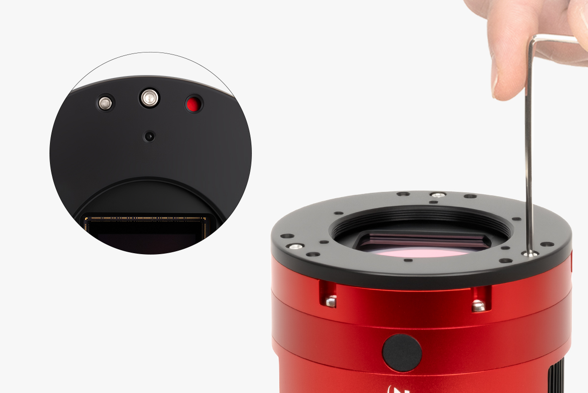 The ASI6200MC attached to a camera, next to it is an open face camera revealing the sensor and tilt screws.