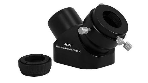 The Askar 2-inch High Precision Diagonal featuring a robust black-anodized finish, brass compression ring, secure thumbscrews, and an included 1.25-inch adapter.