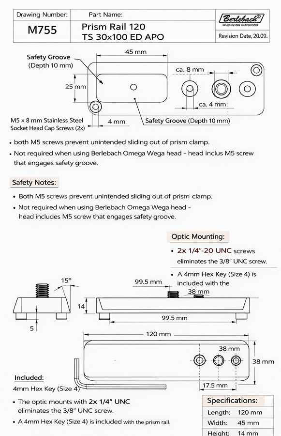Berlebach Dovetail Plate (120mm) for WEGA/OMEGA Mounts Technical Diagram.