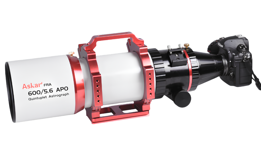 Askar FRA600 108mm f/5.6 Quintuplet Petzval Flat-Field Astrograph with camera attached. 