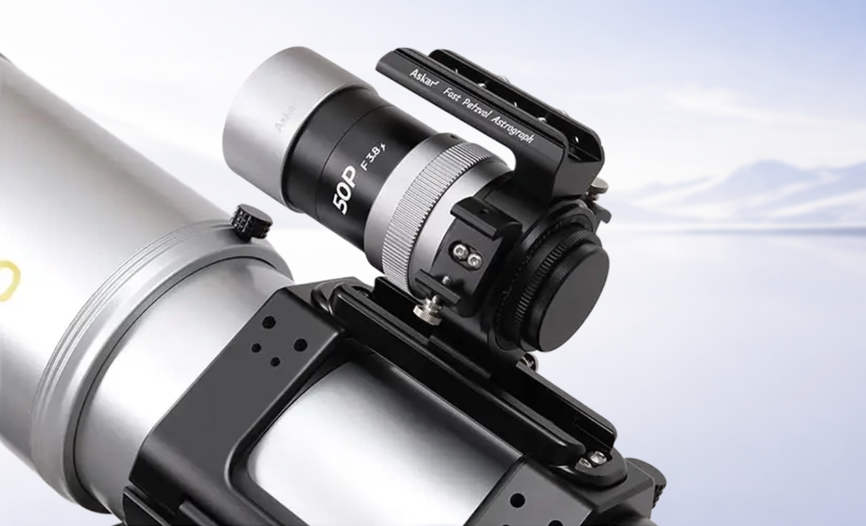 Askar 50P 50mm f/3.8 Quadruplet Petzval APO Refractor Telescope mounted as a guide scope to showcase the versatility. 