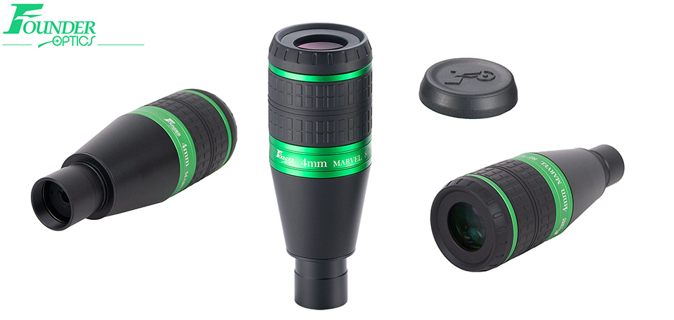 Founder Optics 1.25" 4mm 80 degree MARVEL Eyepiece banner of all three sides and eyepiece cap