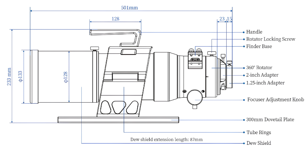 Nakoh 92GX f/6.5 Quintuplet Petzval Flat‑Field Astrograph dimensions.