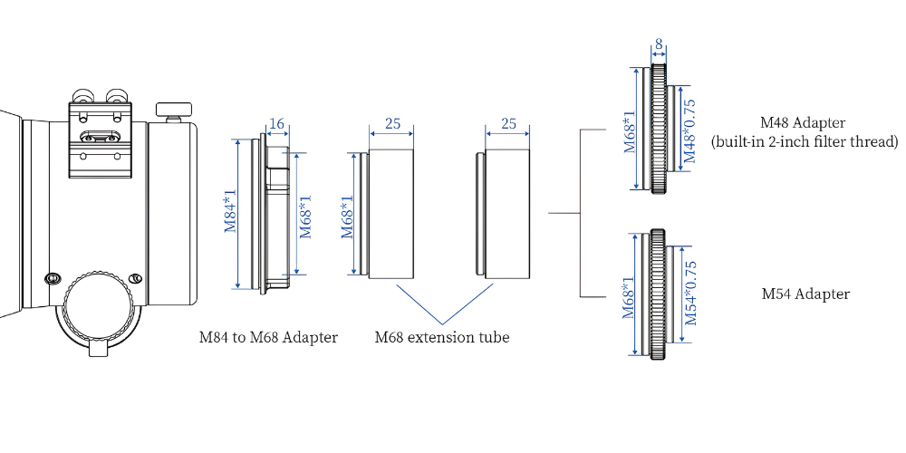 Nakoh 92GX f/6.5 Quintuplet Petzval Flat‑Field Astrograph dimensions.