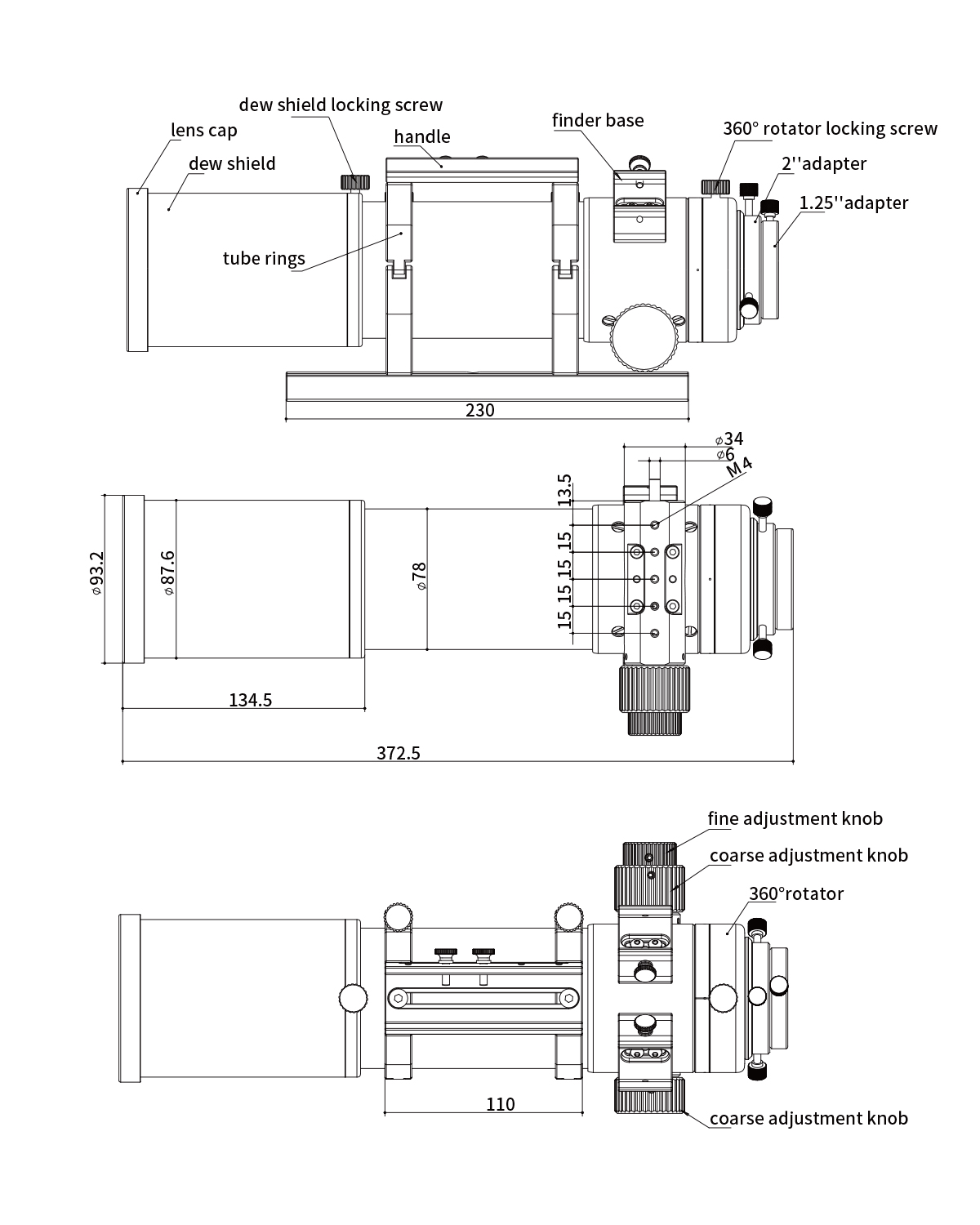 Refractor&nbsp;Telescope ZWO FF Series APO Apochromatic Telescopes - Mechanical Diagram