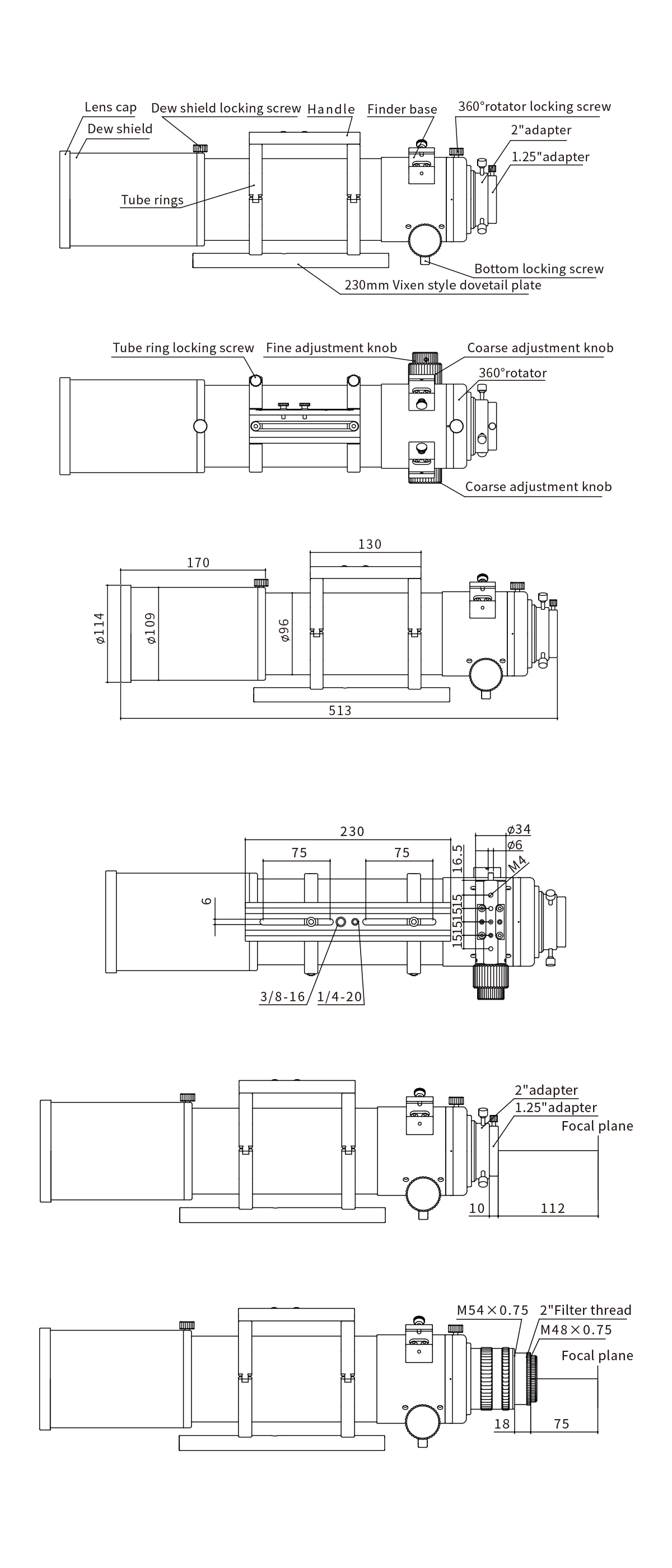 Refractor&nbsp;Telescope ZWO FF Series APO Apochromatic Telescopes - Mechanical Diagram