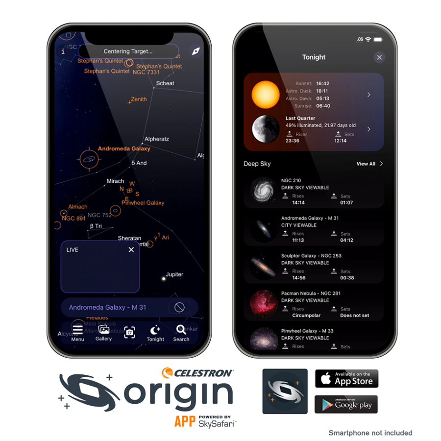 StarSense Origin application on Apple smartphone showing main screen with various features 