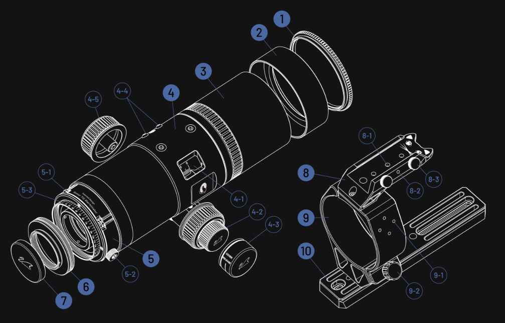 William Optics Ultra-Cat 56mm f/4.8 Petzval Refractor Telescope parts diagram 