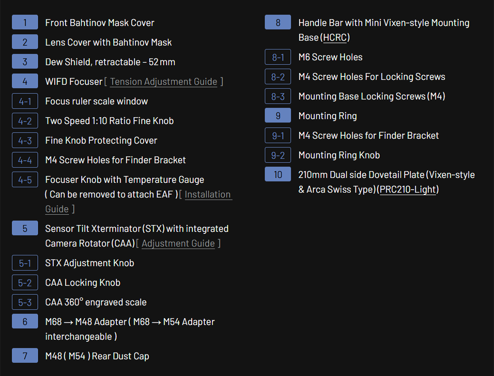 William Optics Ultra-Cat 56mm f/4.8 Petzval Refractor Telescope parts list 