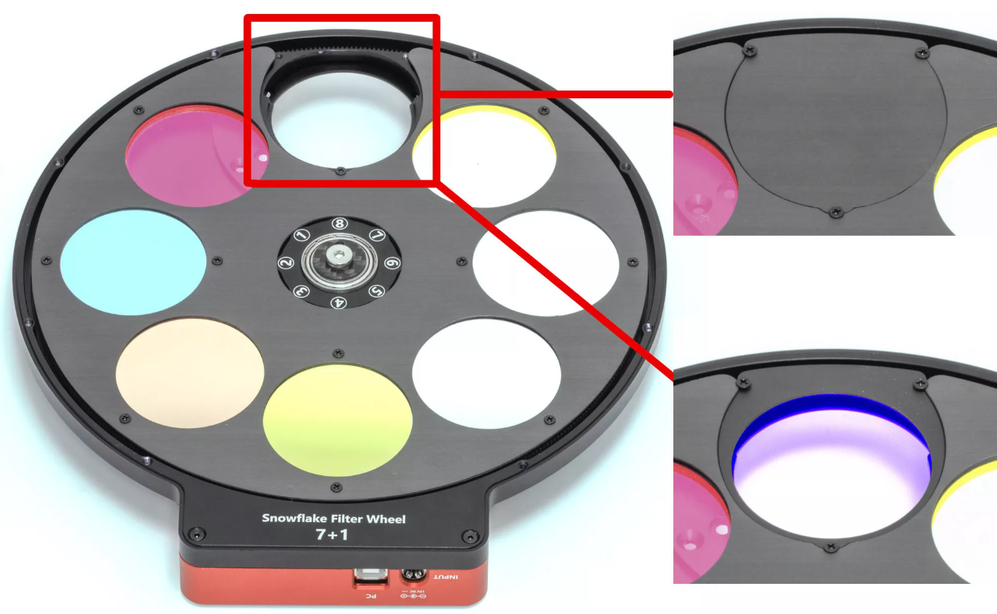 Wanderer Astro Snowflake 8x50 Filter Wheel for 50mm & 2" Filters internal filter slots with additional filters.