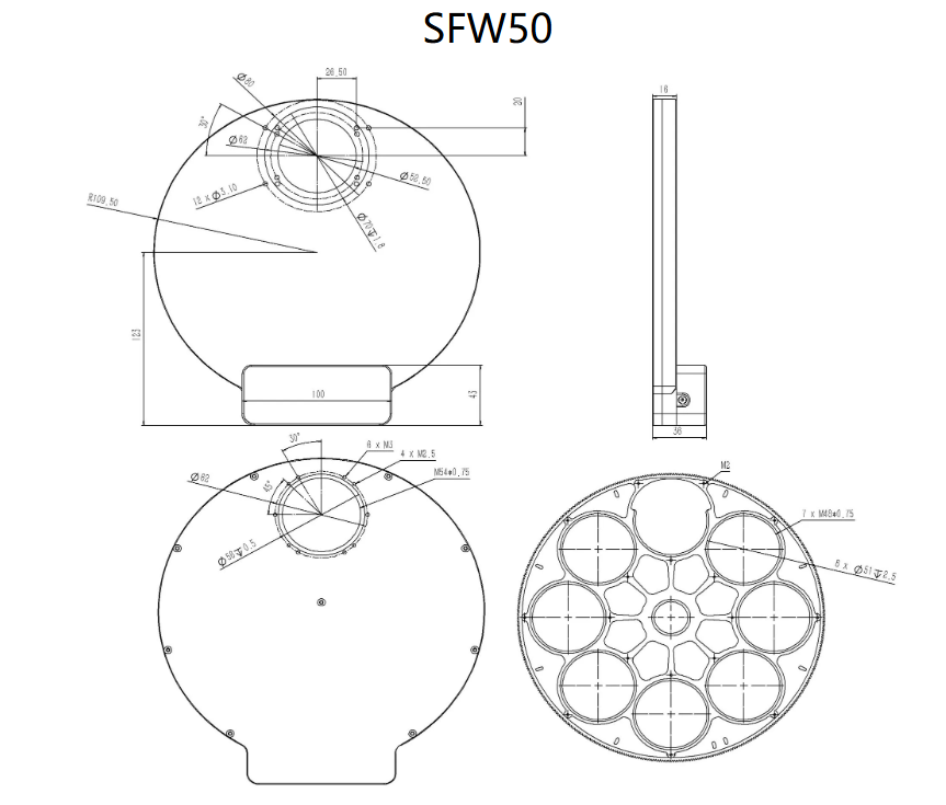Wanderer Astro Snowflake 8x50 Filter Wheel for 50mm & 2" Filters mechanical diagram.