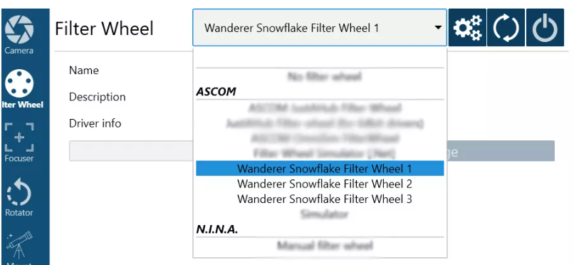 Wanderer Astro Snowflake 8x50 Filter Wheel for 50mm & 2" Filters software compatibility.