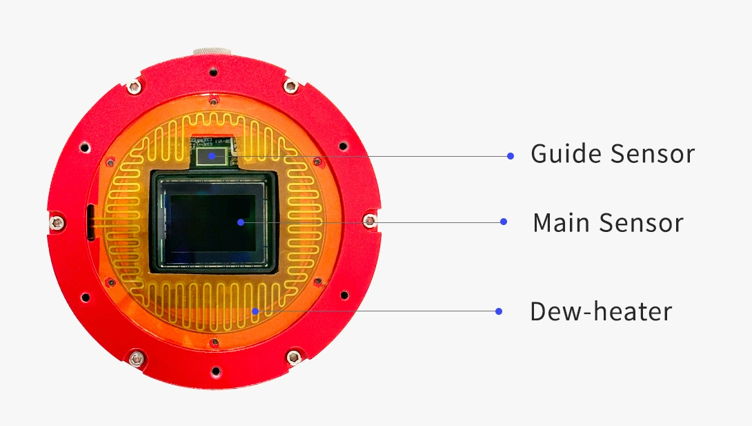 ZWO ASI2600MM Duo APS-C Cooled Color Astronomy Camera main sensor, guide sensor and the dew shield location