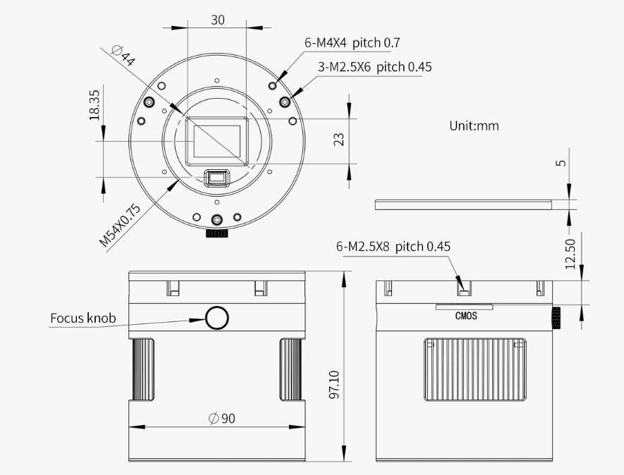 ZWO ASI2600MC Duo APS-C Cooled Color Astronomy Camera with Built-In Guide Sensor technical diagram showing threading size and dimensions.