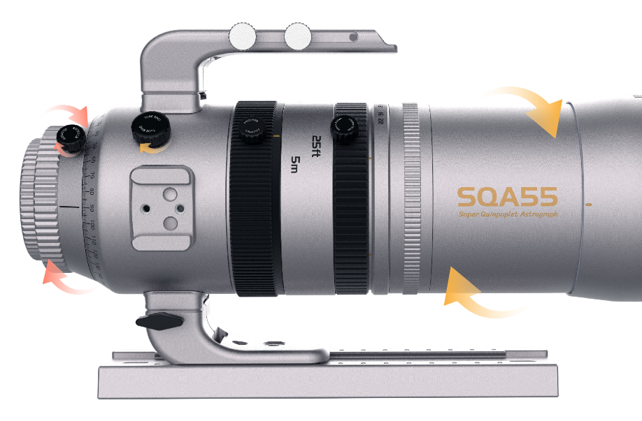 Side view diagram of the silver Askar SQA55 astrograph with arrows demonstrating the 360-degree rotation of the lens tube and field rotator.