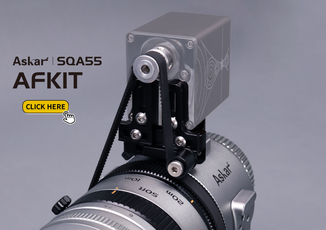 Close-up perspective view of the Askar SQA55 AFKIT electronic focuser motor assembly attached via a synchronous timing belt to the focus ring.