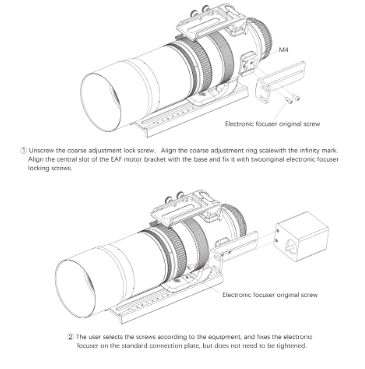 Step-by-step schematic diagram demonstrating how to attach a motorized electronic focuser bracket onto the Askar SQA55 telescope body.