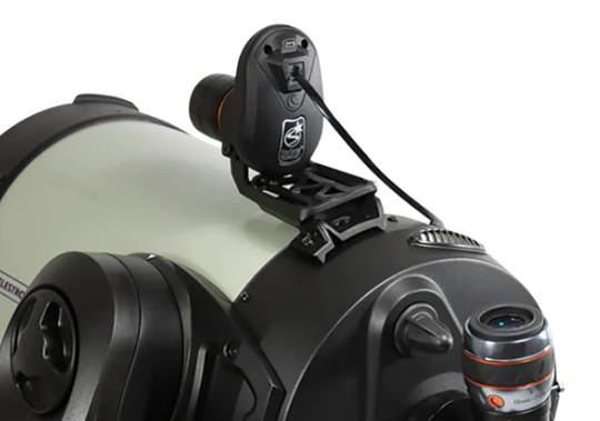 Celestron StarSense AutoAlign V2 Telescope Alignment Accessory attached to a Celestron fork mount and OTA