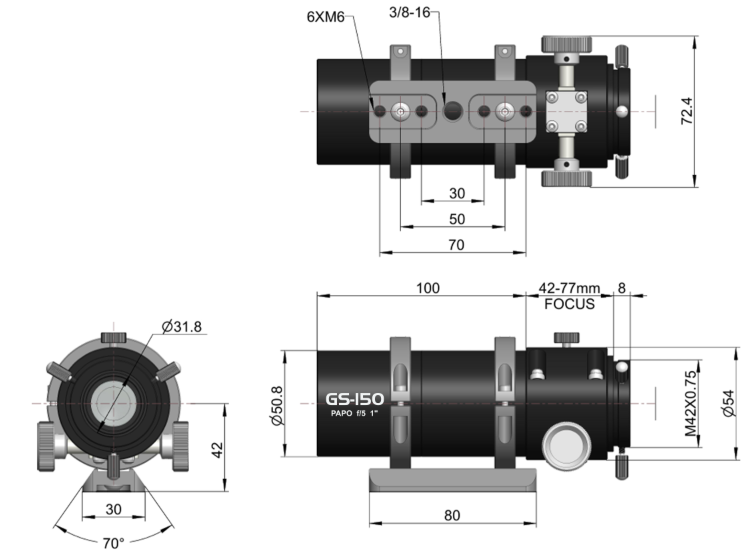 GS 150mm guide scope dimensional diagram