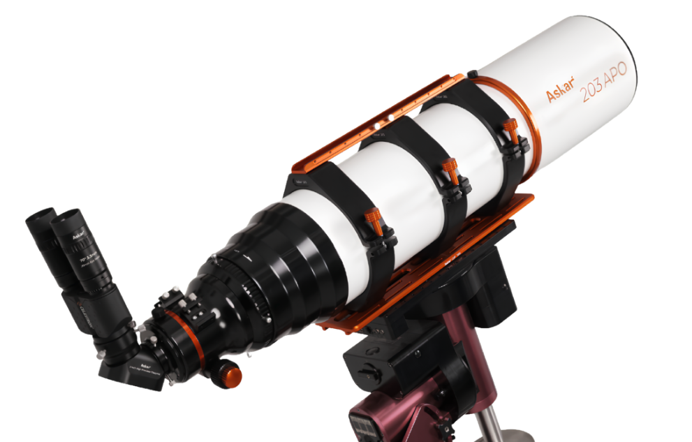 Askar 203 APO with binoviewers and focuser on a mount.