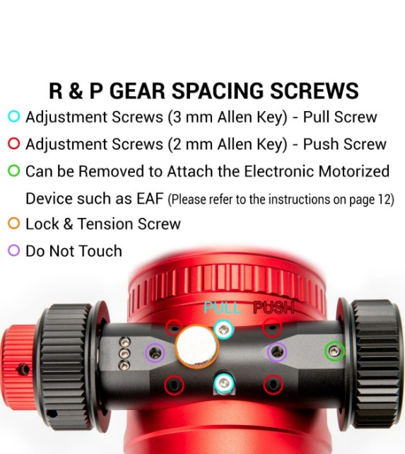 Diagram of the RedCat's focuser adjustment system, showing the 3mm center pull screws, four 2mm push screws positioned in pairs on each side, and the lock and tension screw for keeping focus in place.