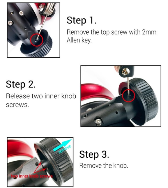 Step 1 Remove the top screw with a 2mm Allen key. Step 2 Release two inner knob screws. Step 3 Remove the knob.