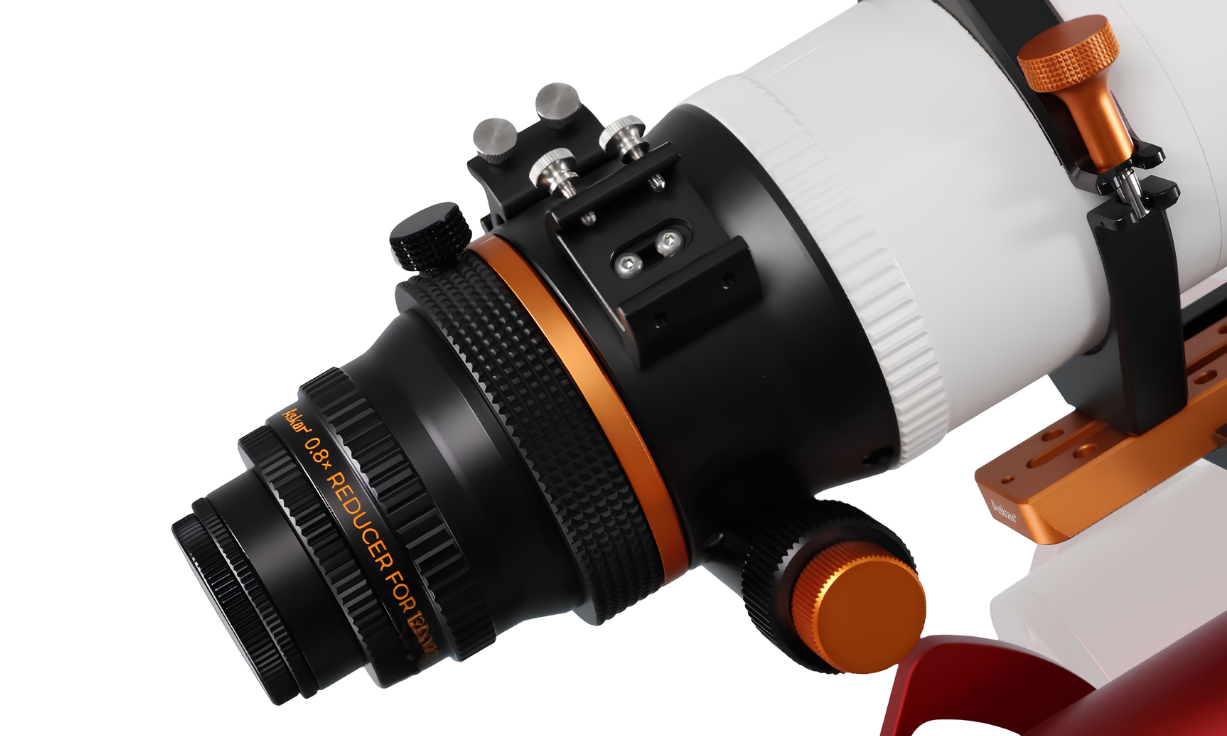 Askar 120 APO refractor with reducer corrector attached to rear threads.