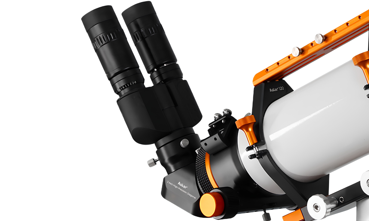 Askar 120 APO refractor rear threading with visual diagonal and binoviewers attached.
