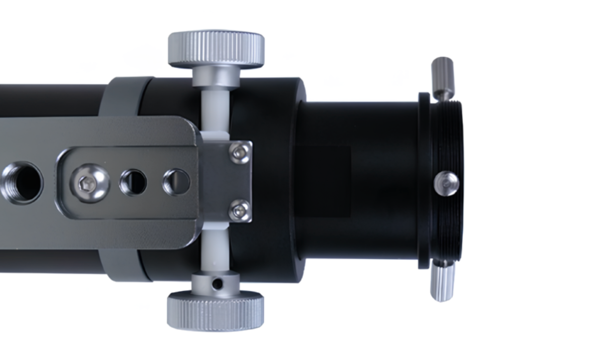 Close-up view of the ToupTek GS Series Crayford focuser mechanism and precision adjustment knobs