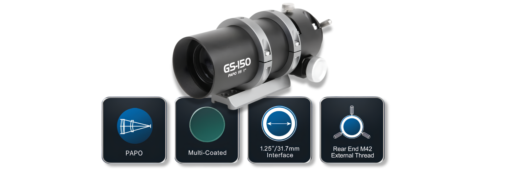 Complete lineup of ToupTek GS Series PAPO guide scopes in multiple aperture and focal length configurations