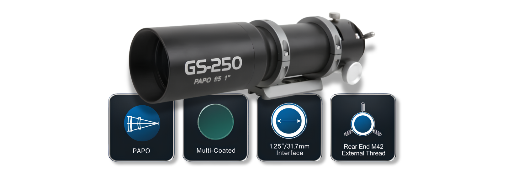 Complete lineup of ToupTek GS Series PAPO guide scopes in multiple aperture and focal length configurations