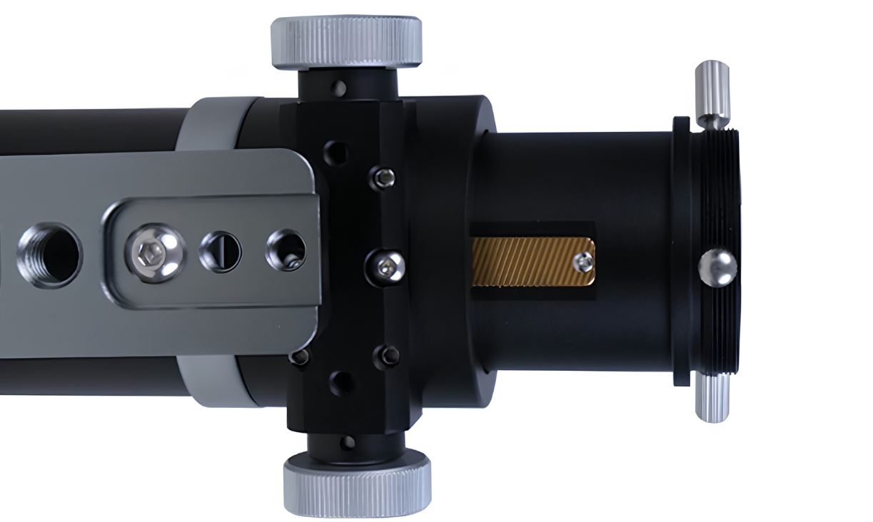 Close-up view of the ToupTek GS Series Crayford focuser mechanism and precision adjustment knobs