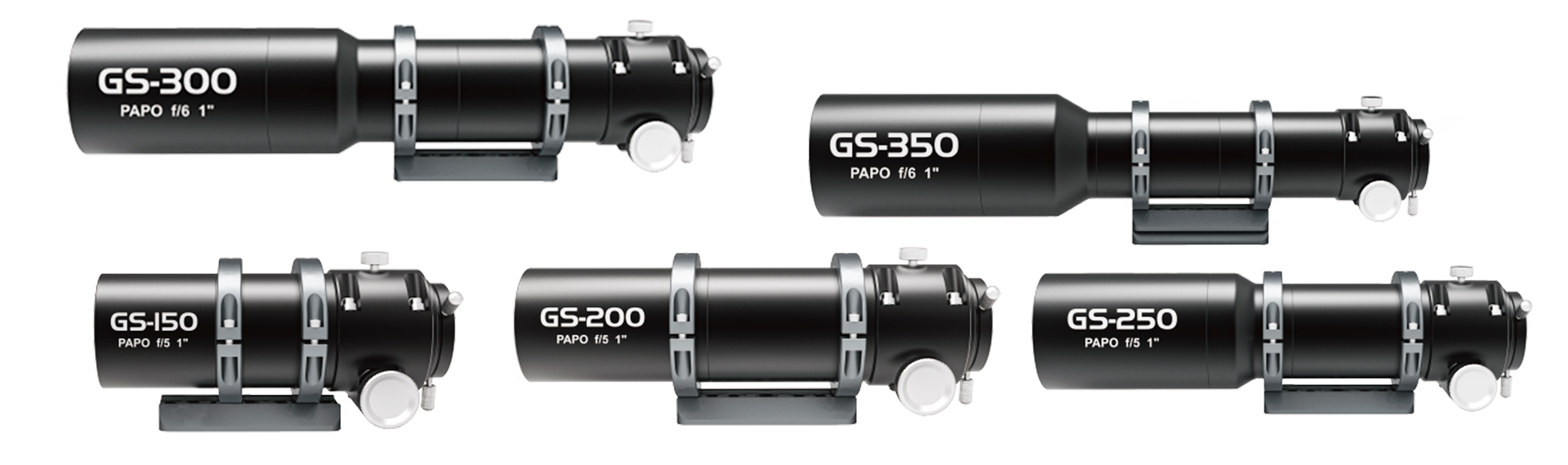 Complete lineup of ToupTek GS Series PAPO guide scopes in multiple aperture and focal length configurations