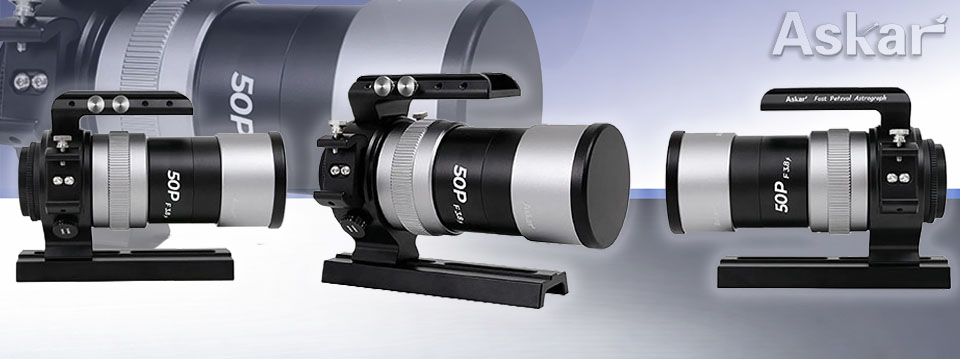 Askar 50P 50mm f/3.8 Quadruplet Petzval APO Refractor Telescope banner of all three sides.